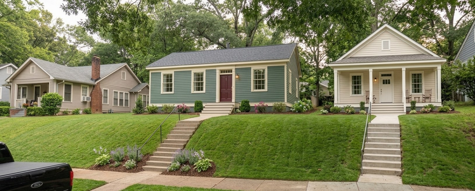 After: a boarded-up Northside house fully renovated and a new infill cottage built on the vacant lot beside it