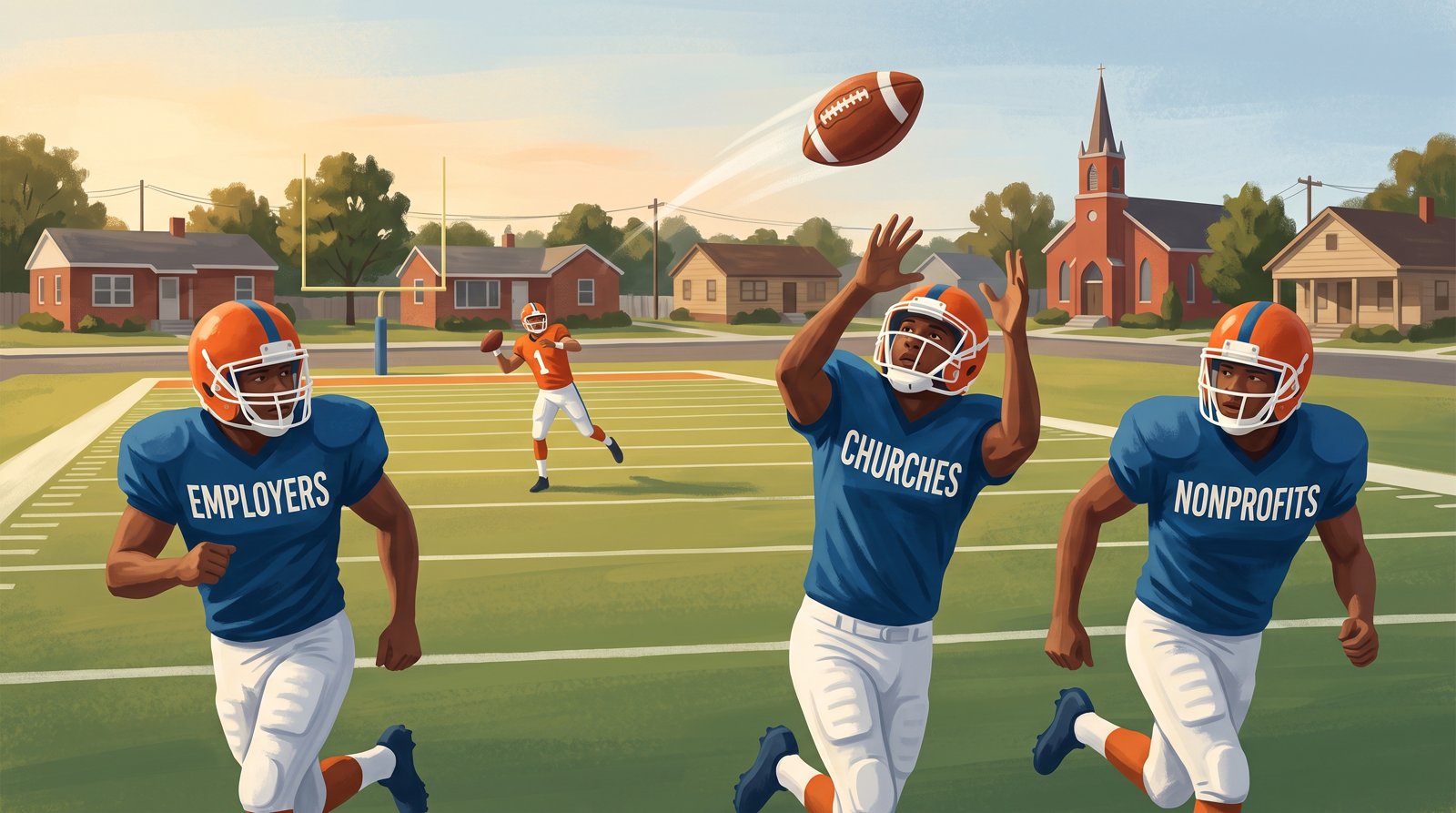 Three receivers in blue jerseys reading Employers, Churches, and Nonprofits run downfield as the Churches receiver reaches up to catch the thrown ball