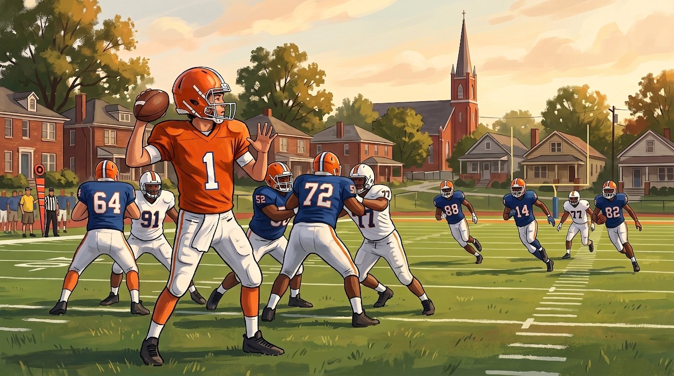 The quarterback stands in the pocket with the ball cocked while blockers hold off defenders and receivers run open downfield