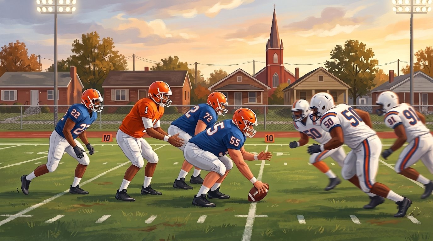 The quarterback, in an orange number 1 jersey, sets up behind the center as the ball is snapped, with neighborhood houses and a church steeple beyond the field